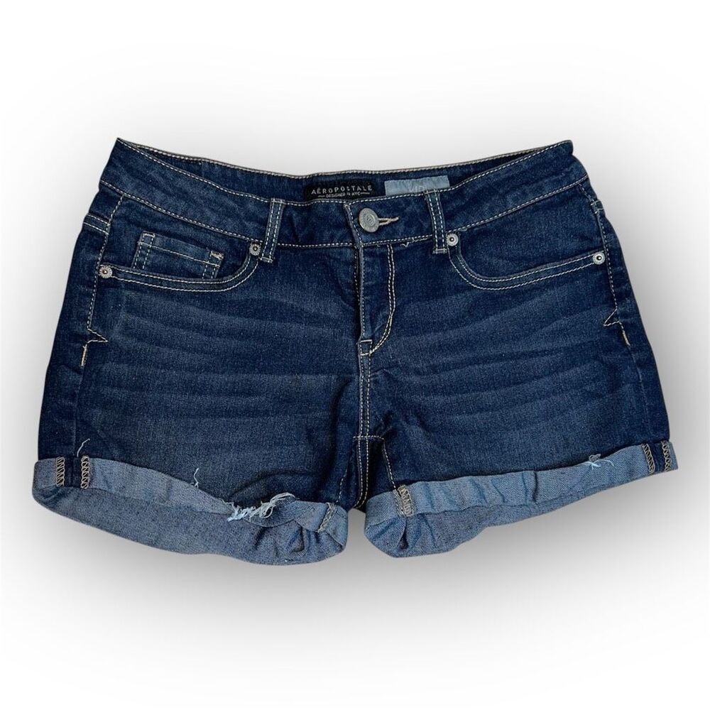 Aeropostale Midi Dark Whiskered Wash Denim Cuffed Shorts Contrast Stitch Women 4